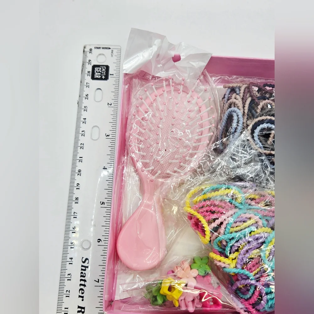 Girls Hair Accessories Gift Set Brush Clips Elastics Styling Kit Pink Box Kids
